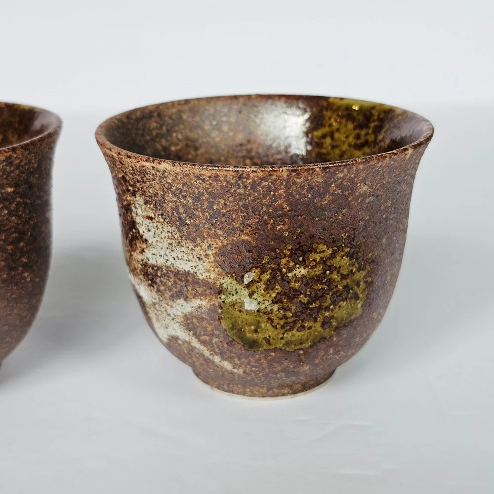 Vtg Japanese Style Tea Cup Set 5 Brown Speckled Pottery Wabi Sabi Rustic Earthy‎